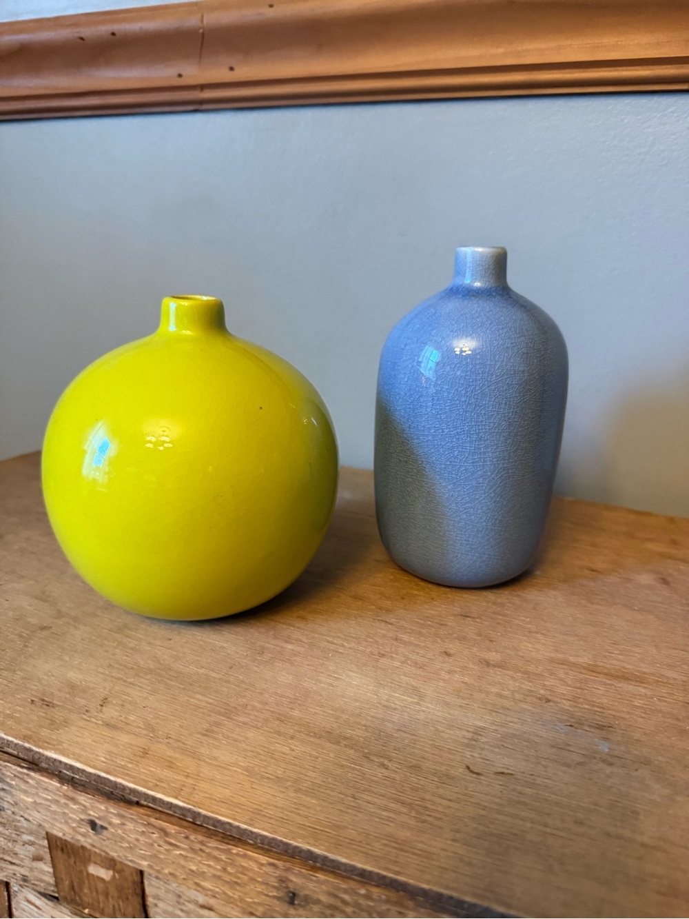 Crate & barrel set of two Perry green  Bud Vase and tall blue Textured Vase
